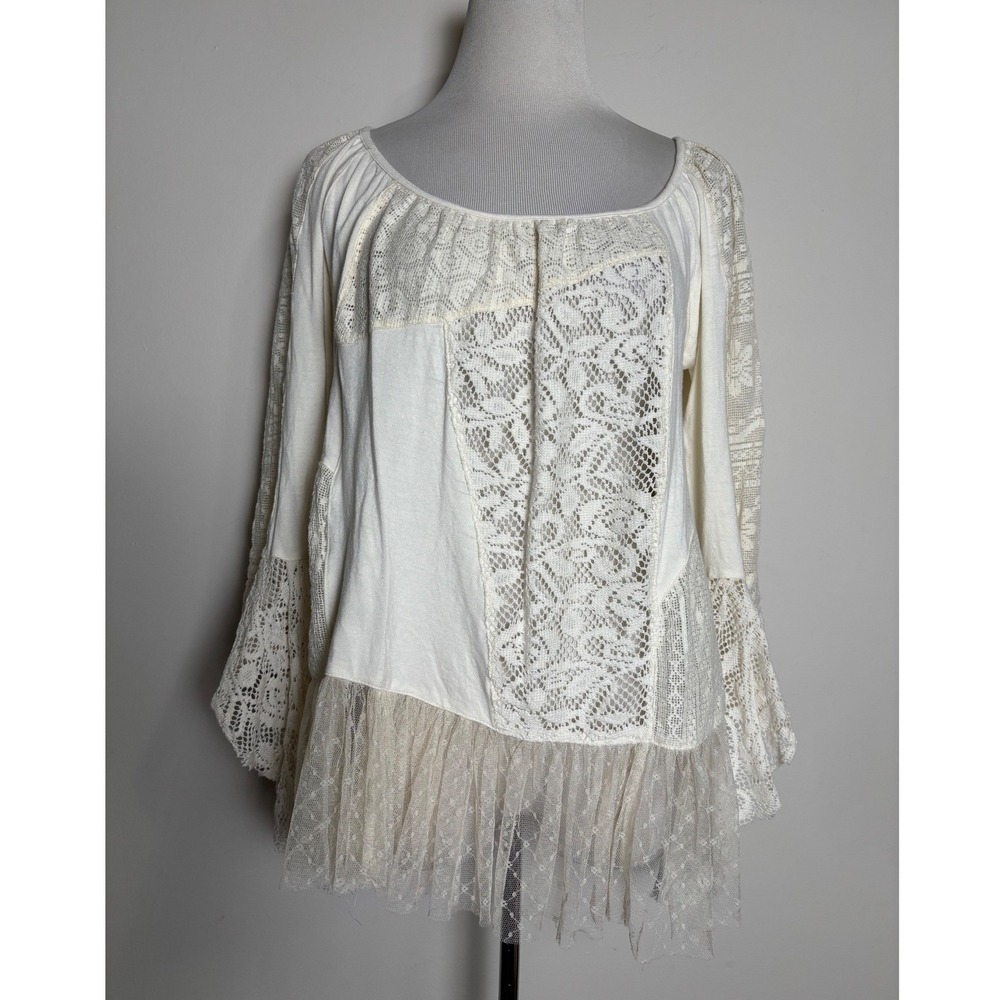 Young Threads Ivory Lace Patchwork Bell Sleeve Boho Top M Fairy Cottage Cowgirl